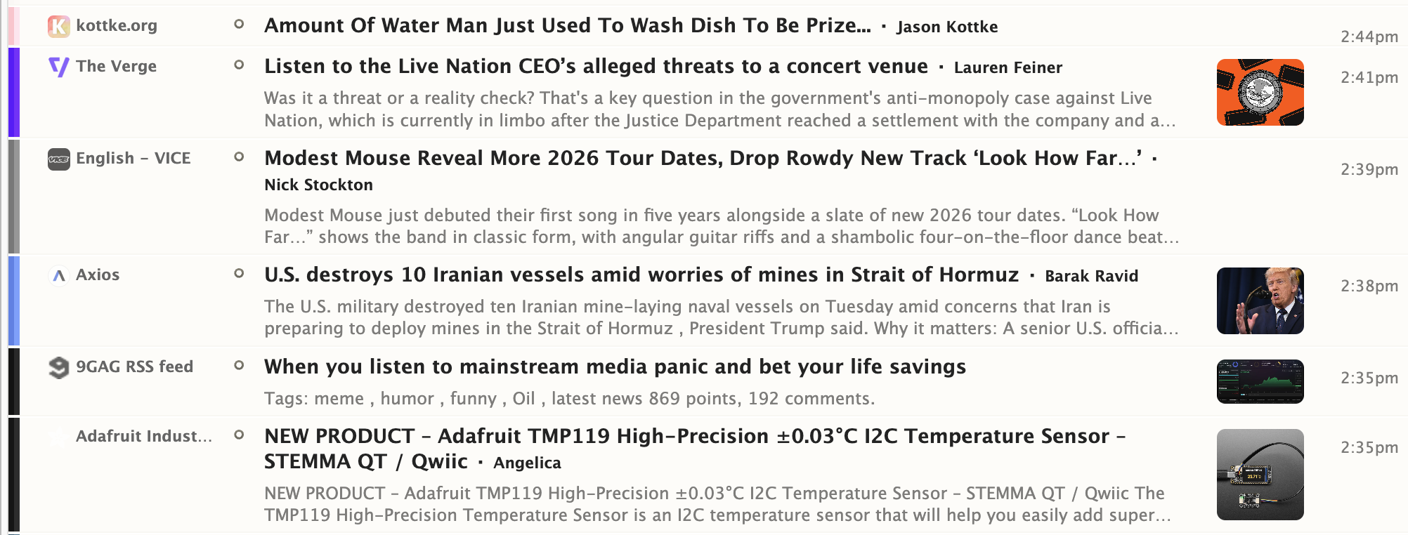 River of News showing stories from multiple feeds in one stream